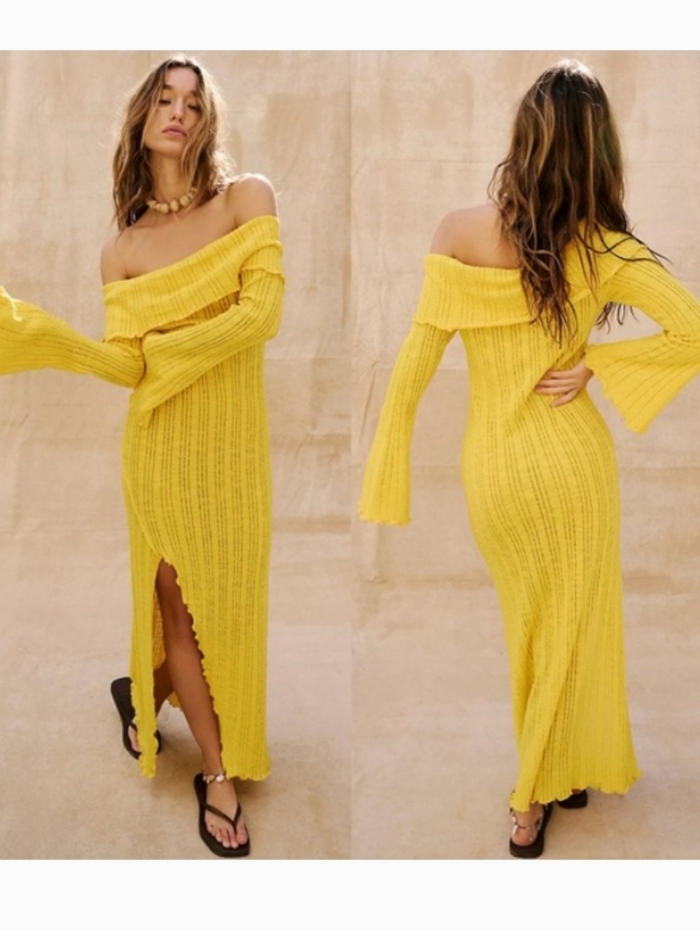 Free People FP Beach Sz XS-Small Sunshine Yellow Off-Shoulder Ribbed Maxi Dress